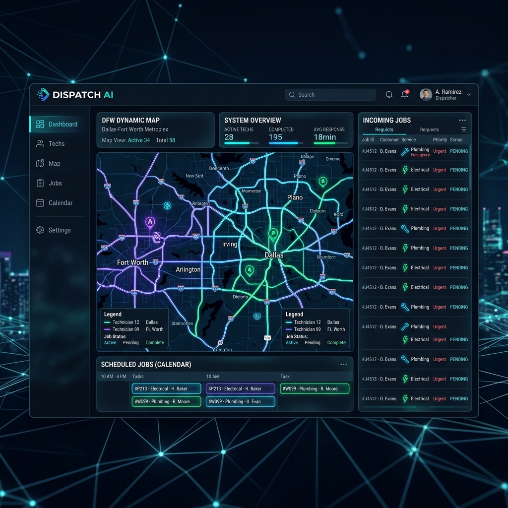 Futuristic AI dispatch dashboard mockups representing automated routing in Dallas-Fort Worth